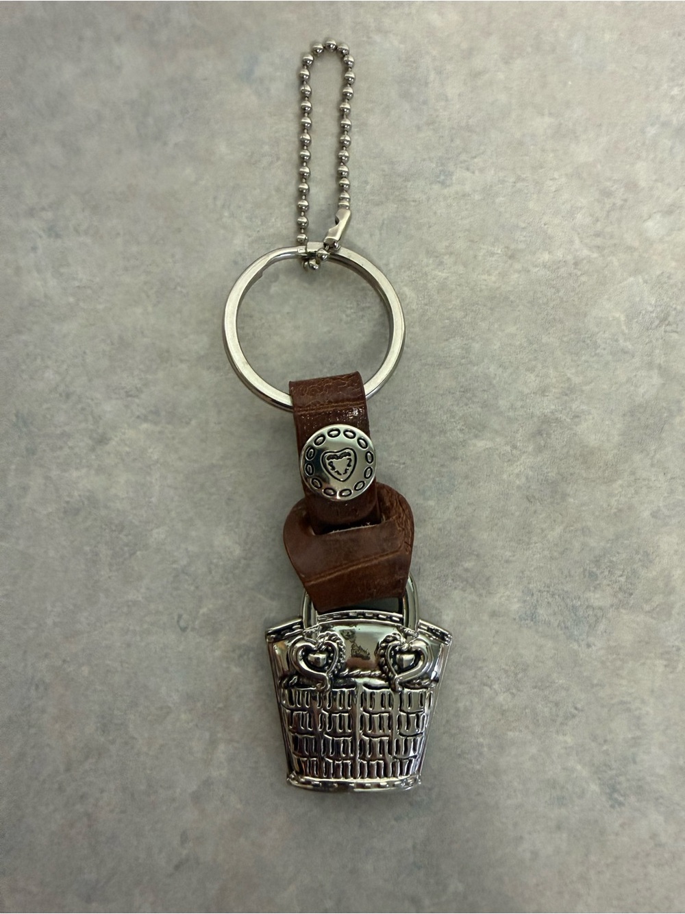Silver Tone Mini Purse Keychain Bag Charm Brown Leather Heart Western Style